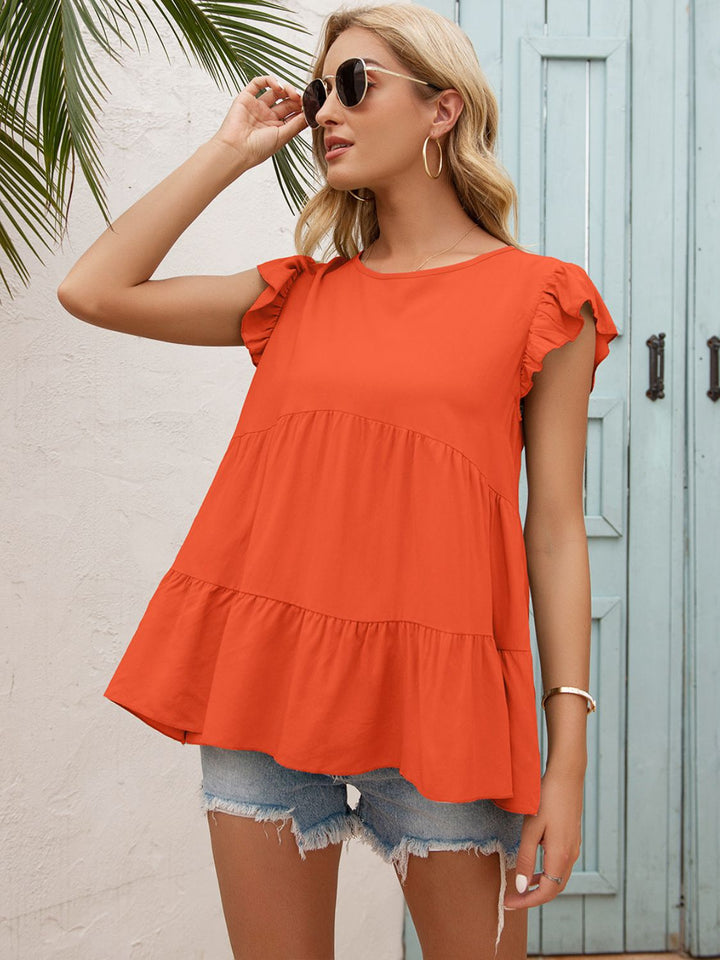 Flutter sleeve tiered babydoll blouse with round neck