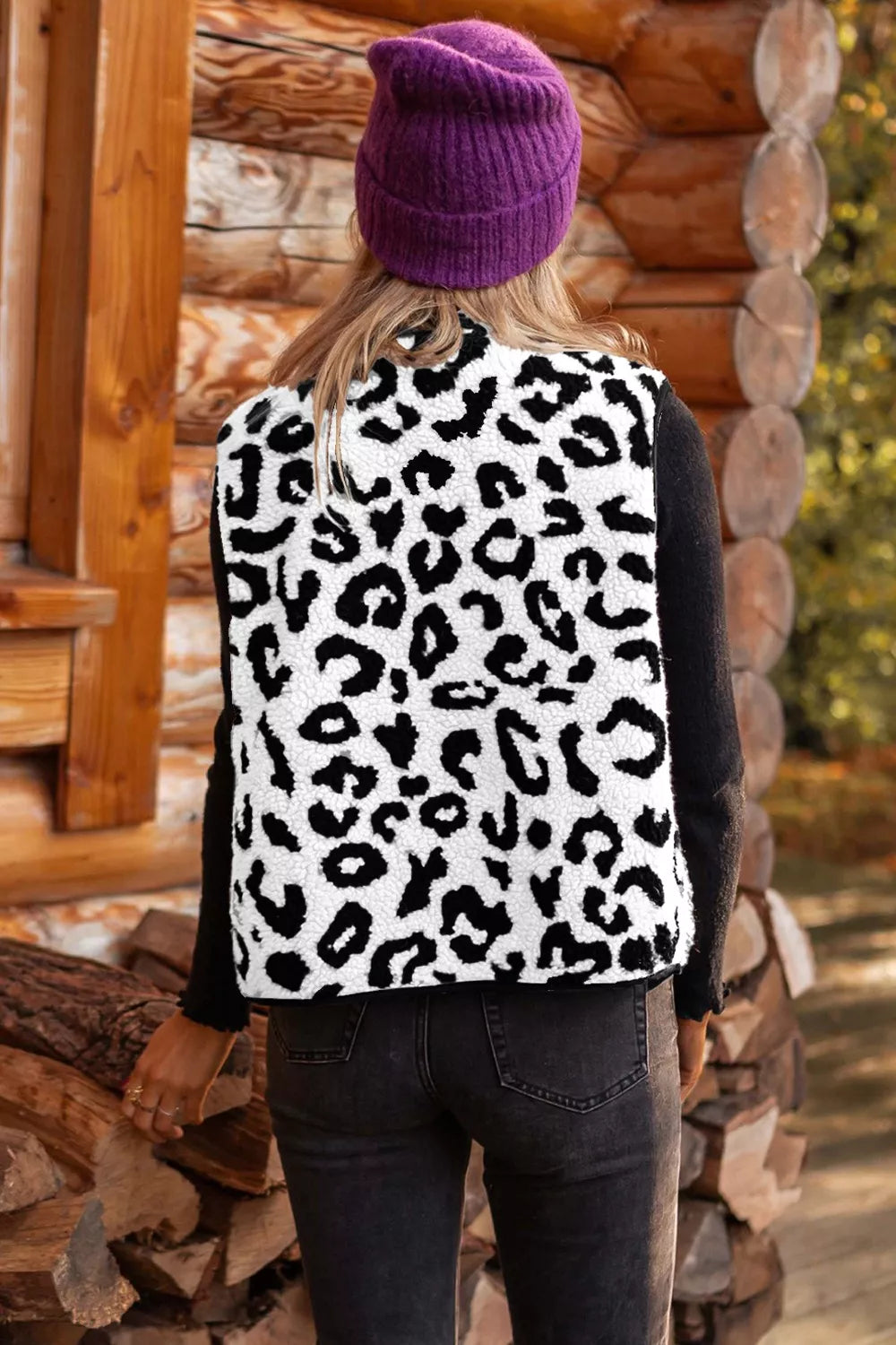 Leopard print sherpa fleece button-front vest