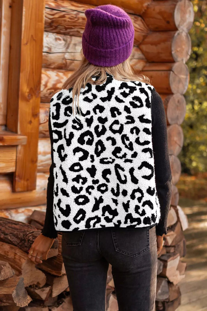 Leopard print sherpa fleece button-front vest