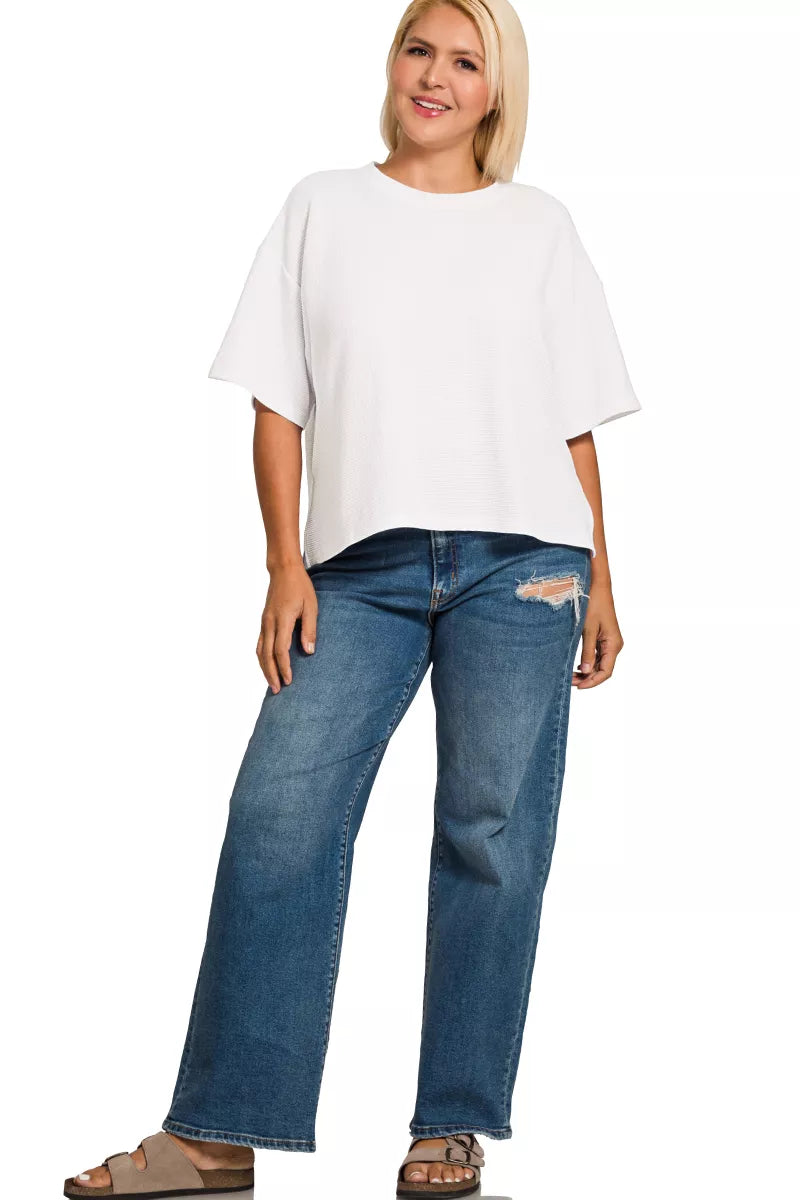 Short-sleeve double knit top with side slits and hi-low hem