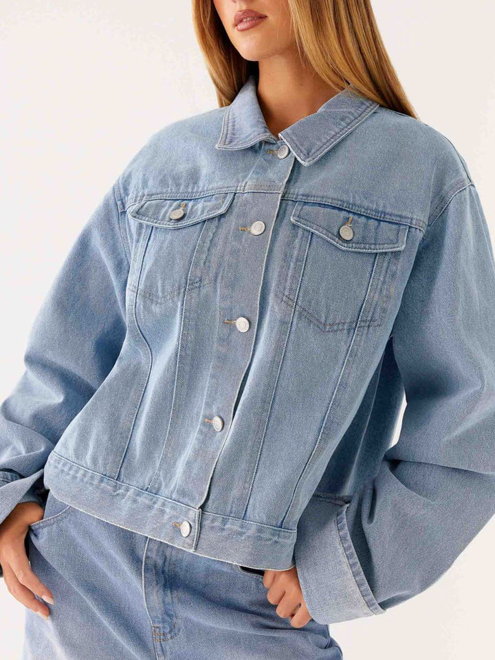 Light Blue Oversized cropped denim jacket with chest flap pockets
