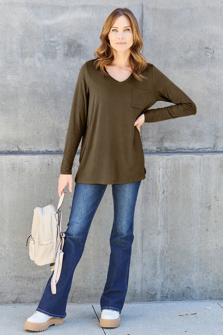 V-neck long sleeve top with chest pocket