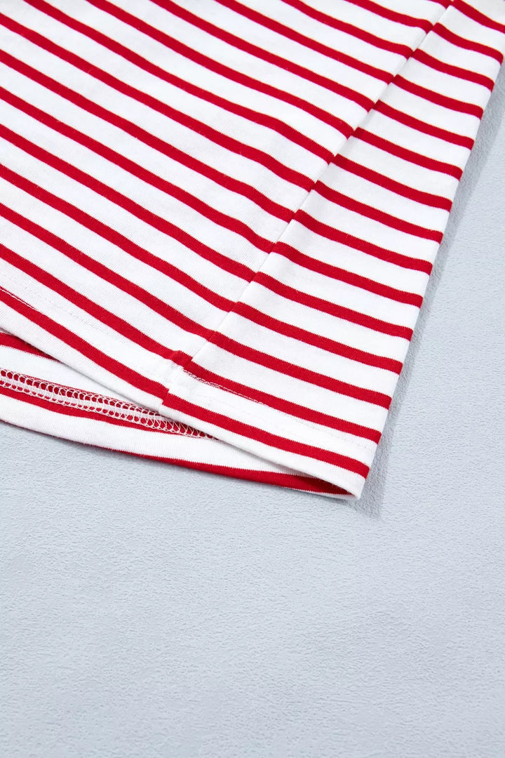 Striped contrast-trim crew neck puff sleeve tee