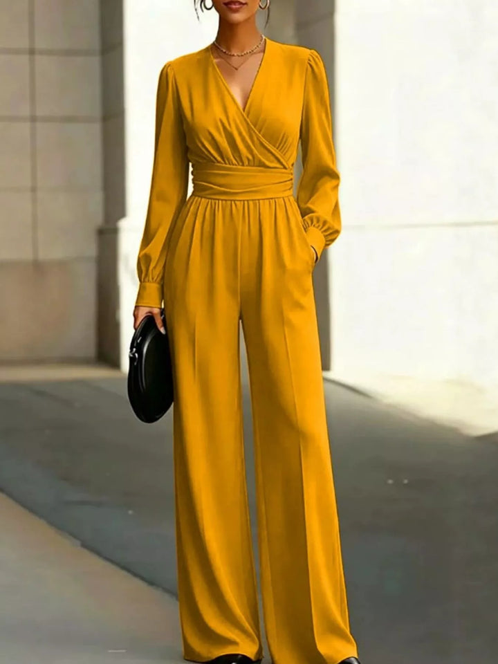 Yellow Surplice wrap long sleeve wide-leg jumpsuit with pockets