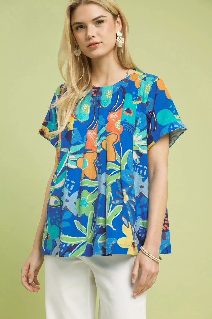 CERULEAN Abstract floral pleated blouse with keyhole back