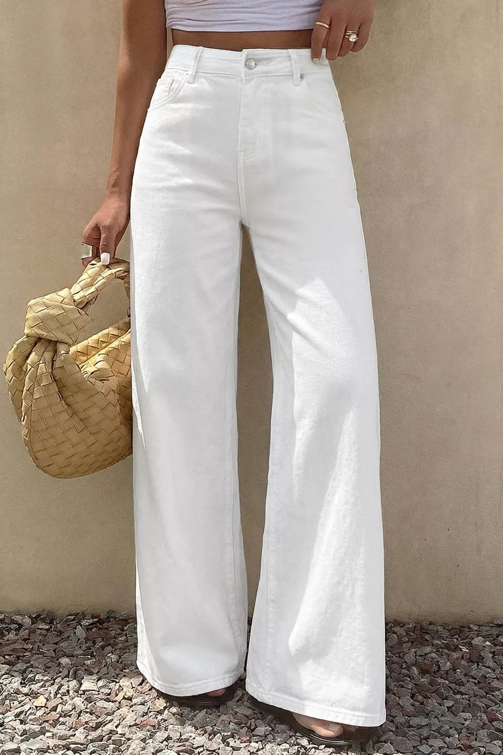 High-rise wide-leg solid cotton-blend jeans