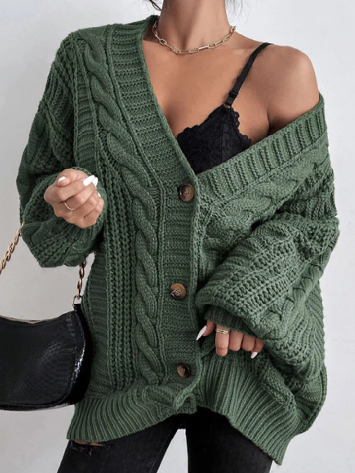 Green Oversized cable knit button-down cardigan with V-neck