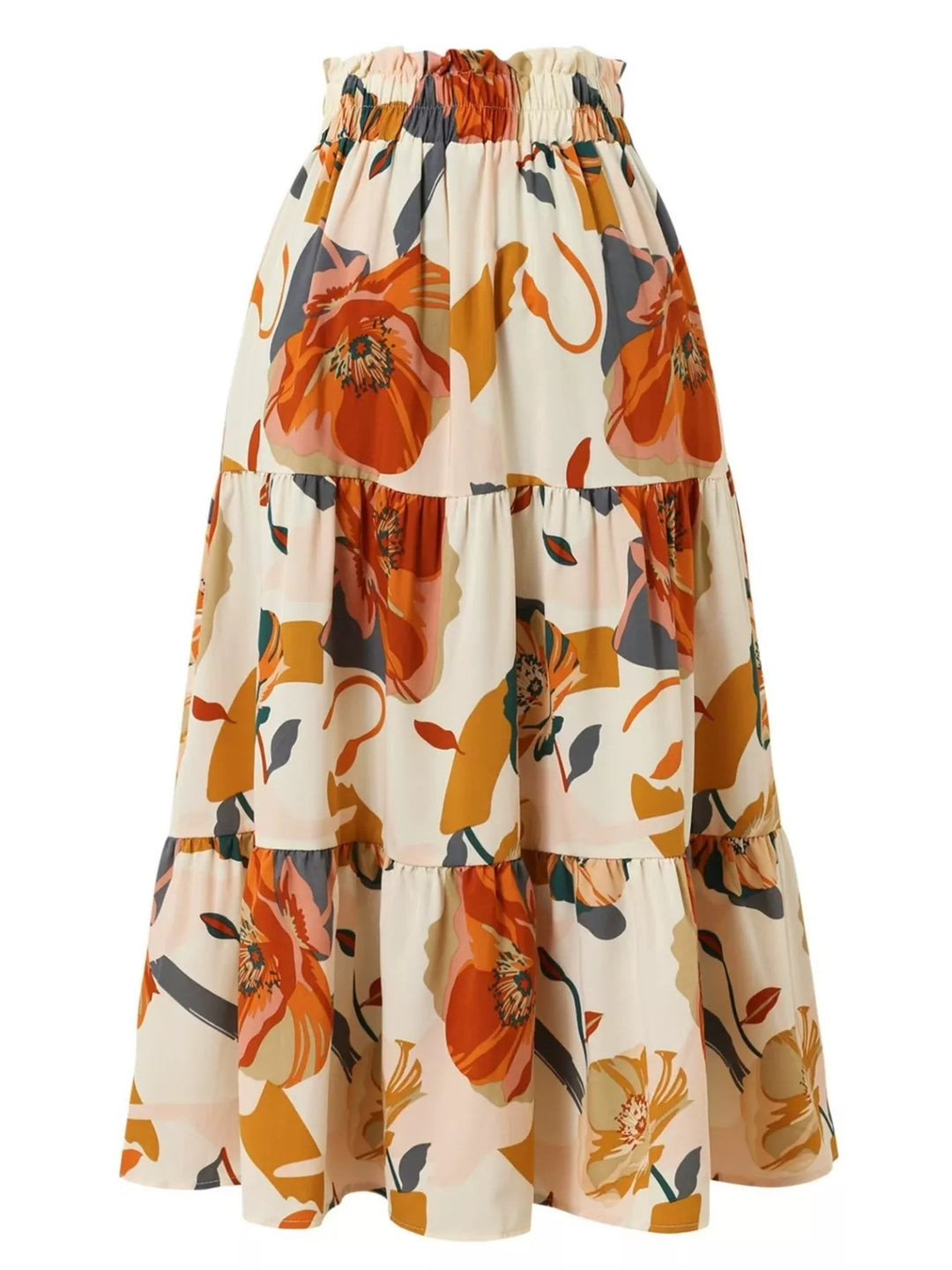 Floral print tiered ruffle midi skirt with tie waist