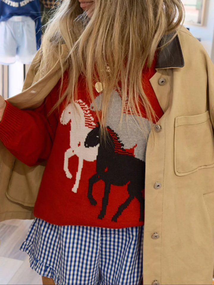 Horse graphic long sleeve crew neck knit sweater