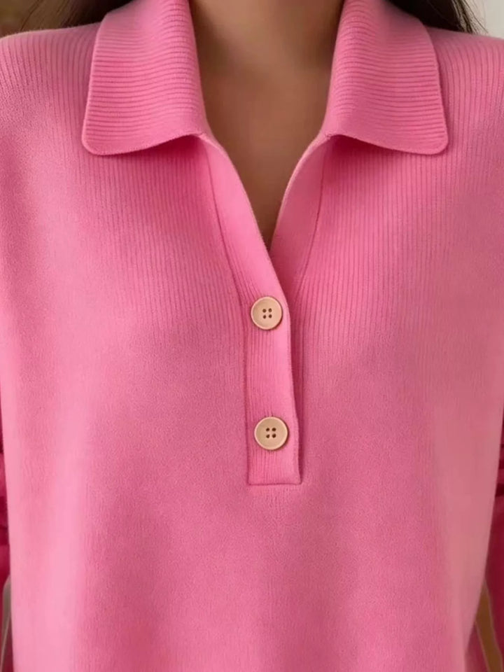 Collared button-placket long sleeve knit polo sweater