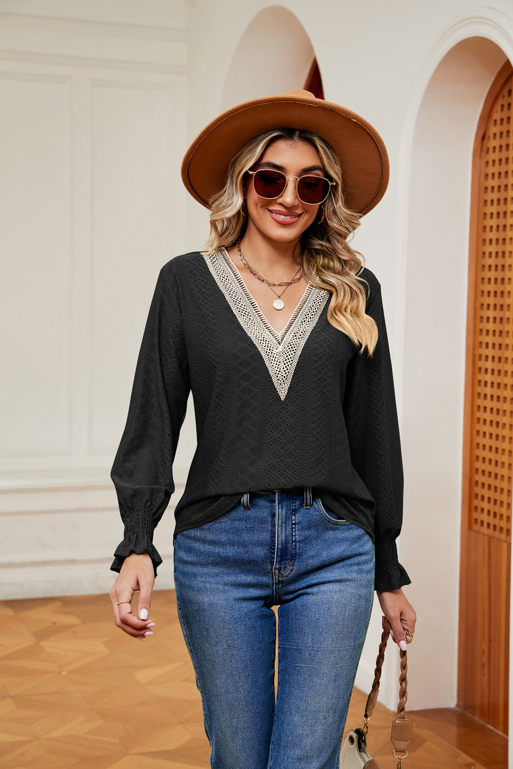 Contrast crochet V-neck eyelet blouse with flounce cuffs