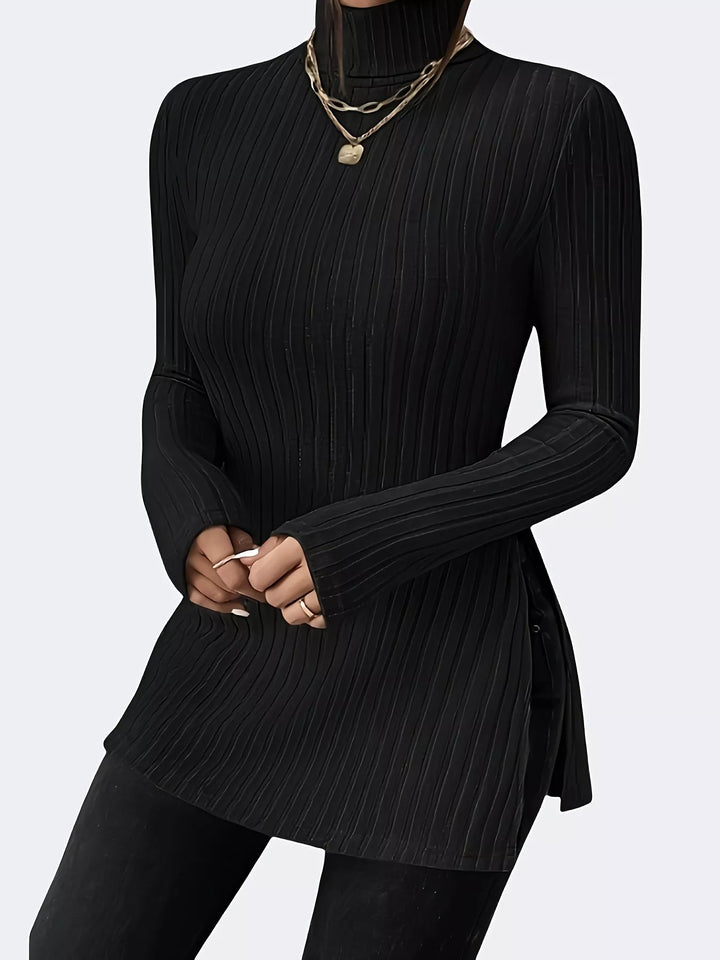 Black Ribbed turtleneck long sleeve top with side slits