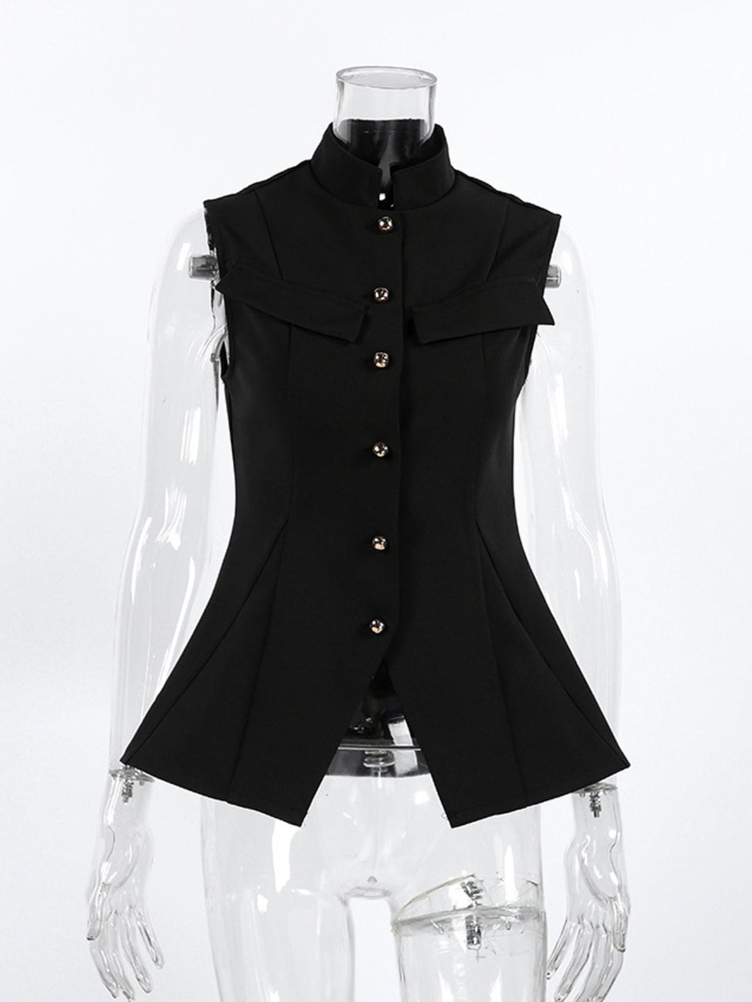 Stand collar sleeveless button-front vest with split hem