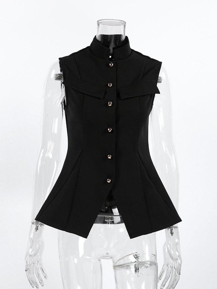 Stand collar sleeveless button-front vest with split hem
