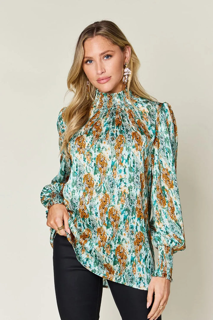 Green Printed smocked frill mock neck long sleeve blouse