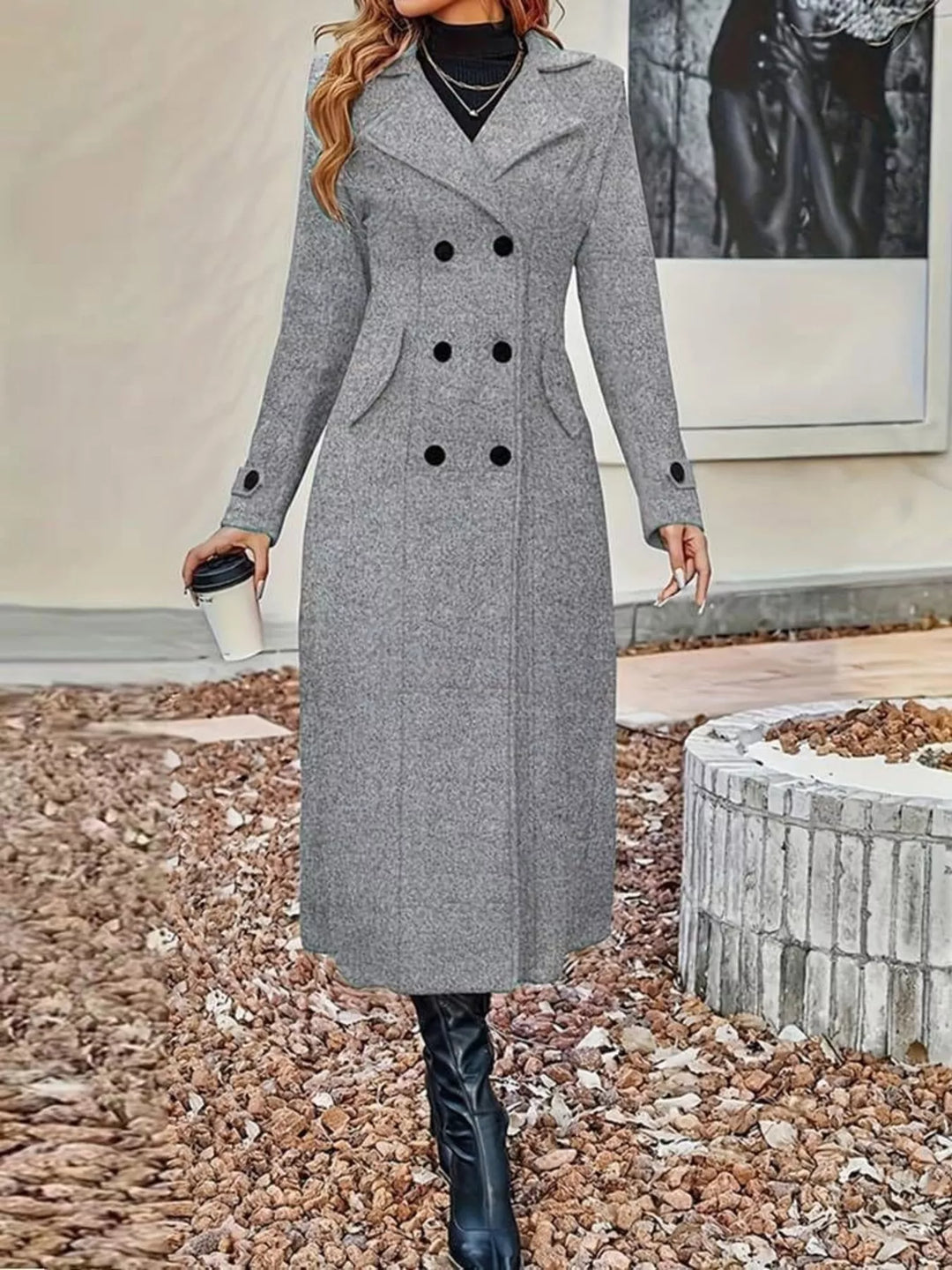 Double-breasted longline trench coat with notch lapels - Tan