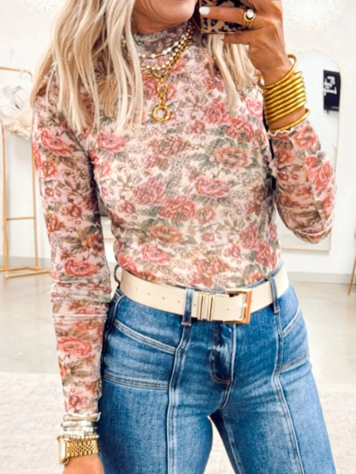 Sheer floral mesh mock neck long sleeve top