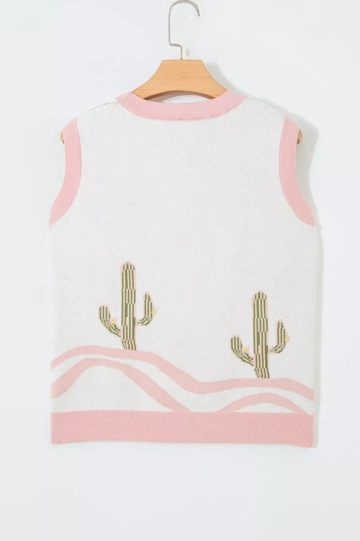 Cactus knit button-front sweater vest with contrast trim