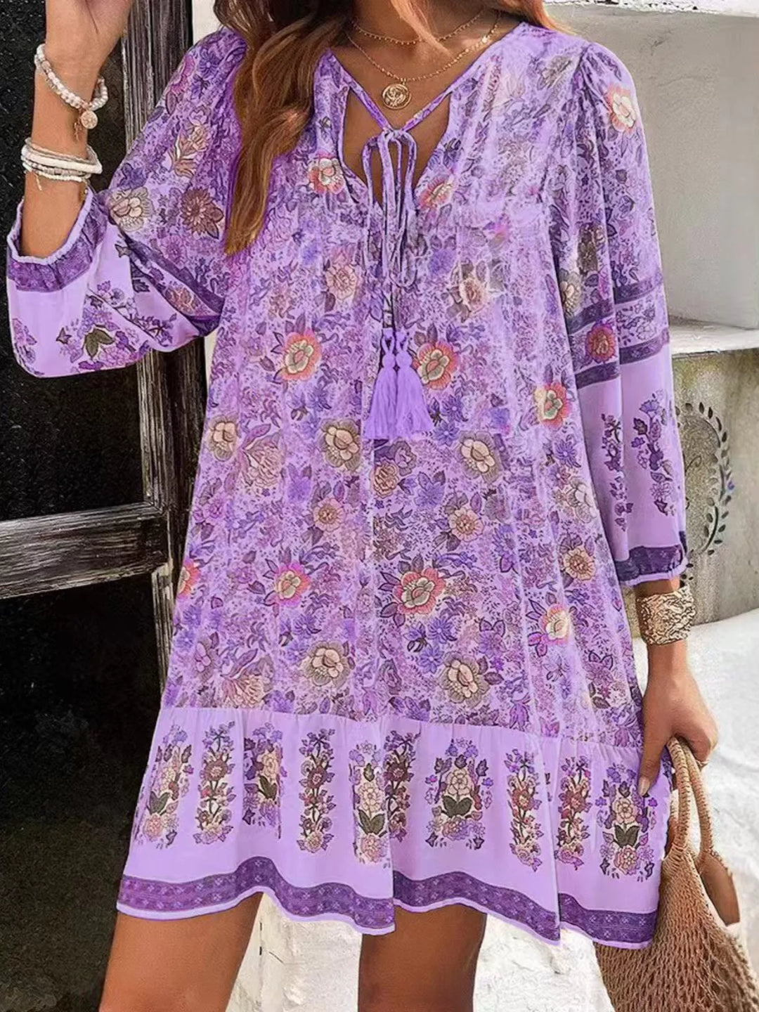 Purple Boho floral v-neck mini dress with tassel tie and long sleeves