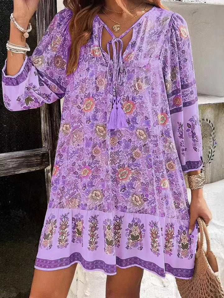 Purple Boho floral v-neck mini dress with tassel tie and long sleeves