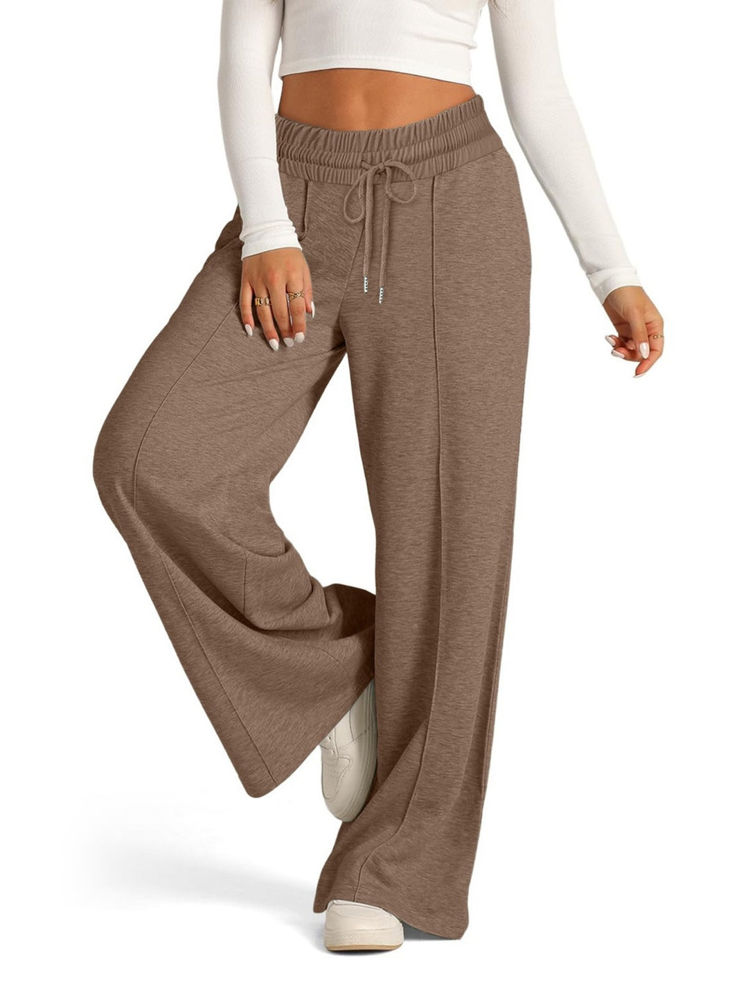 High-rise wide-leg drawstring lounge pants with pockets