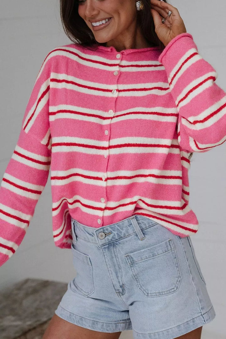 Striped knit button-front cardigan with rolled crew neck
