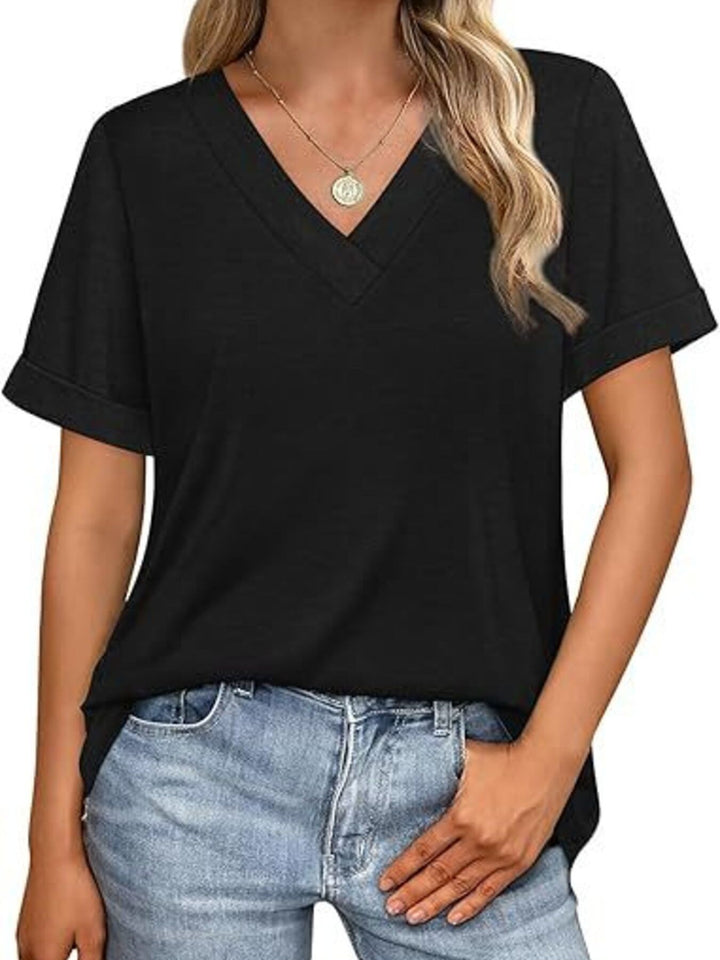 Relaxed V-neck short sleeve tee with rolled cuffs
