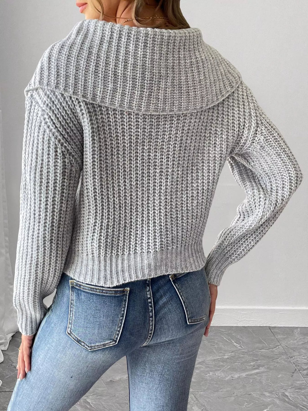 Waffle knit foldover collar sweater with contrast bow