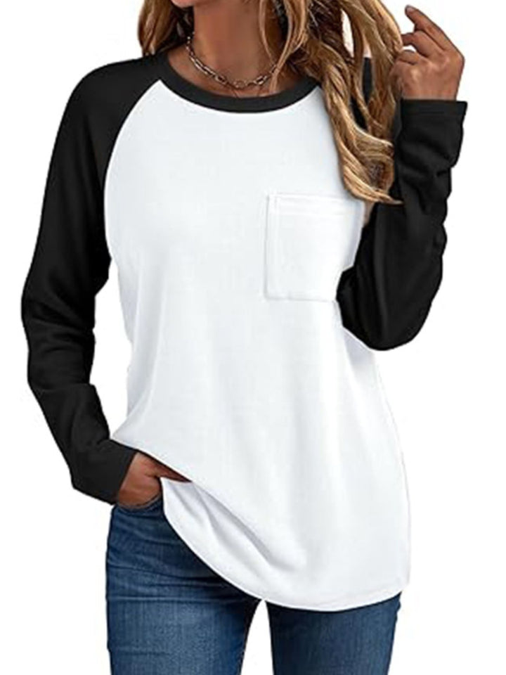 Black Colorblock raglan long sleeve tee with chest pocket