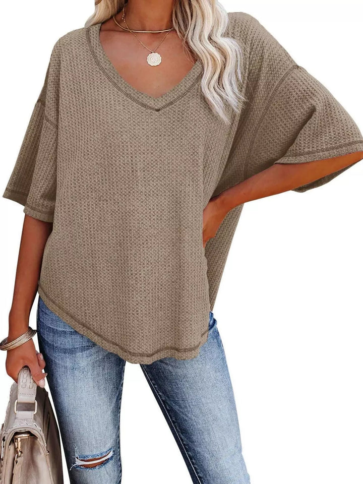 Waffle knit v-neck drop shoulder short sleeve tee