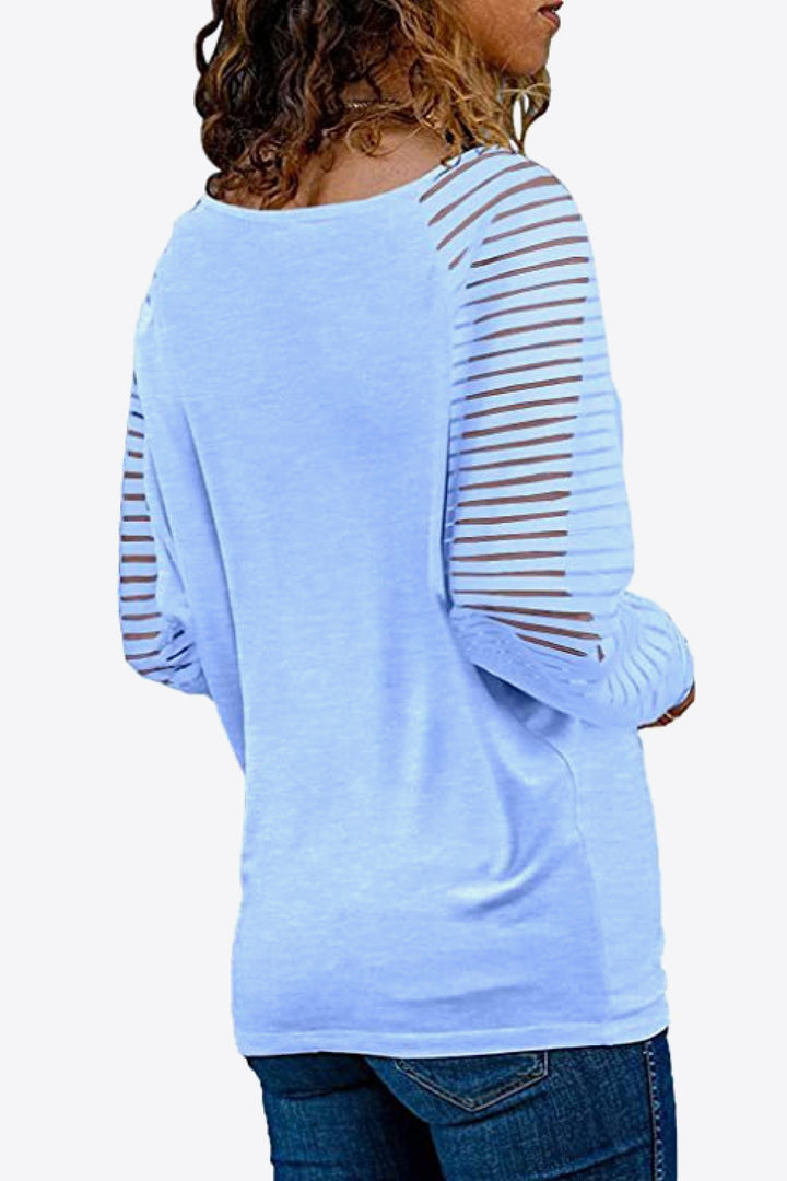 Semi-sheer striped raglan sleeve V-neck top