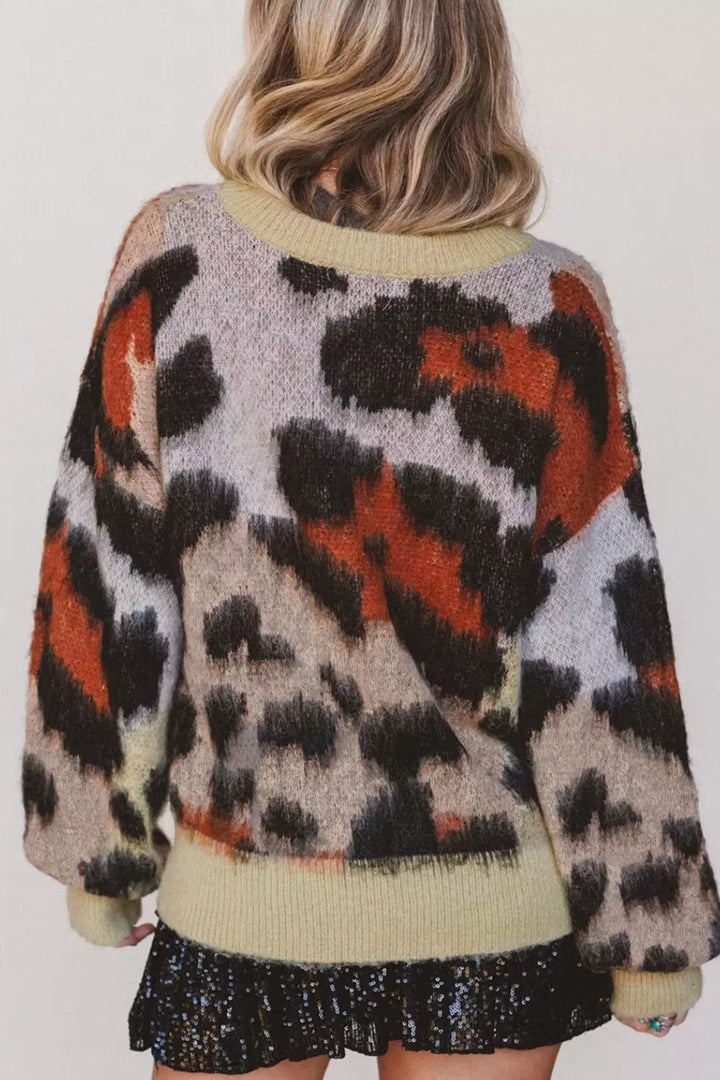 Fuzzy leopard print drop shoulder crew neck sweater