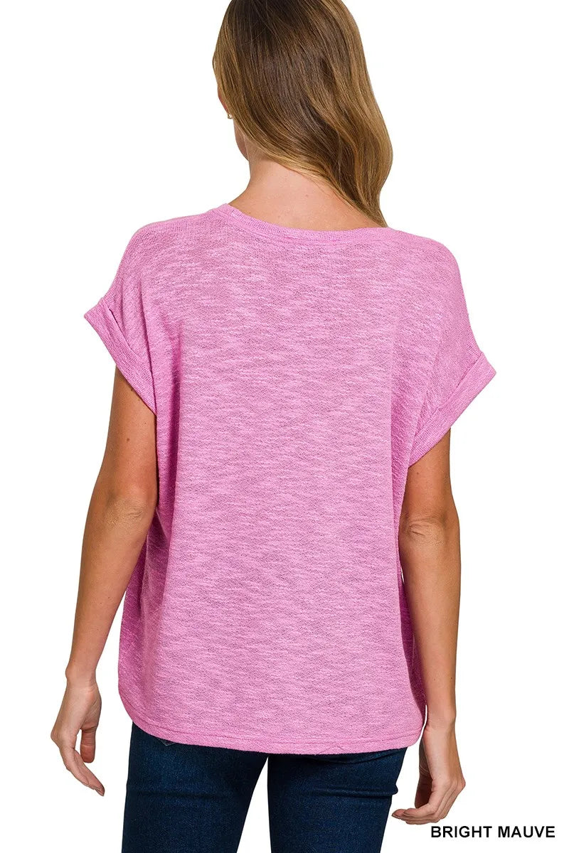 Relaxed slub knit tee with rolled cuff short sleeves