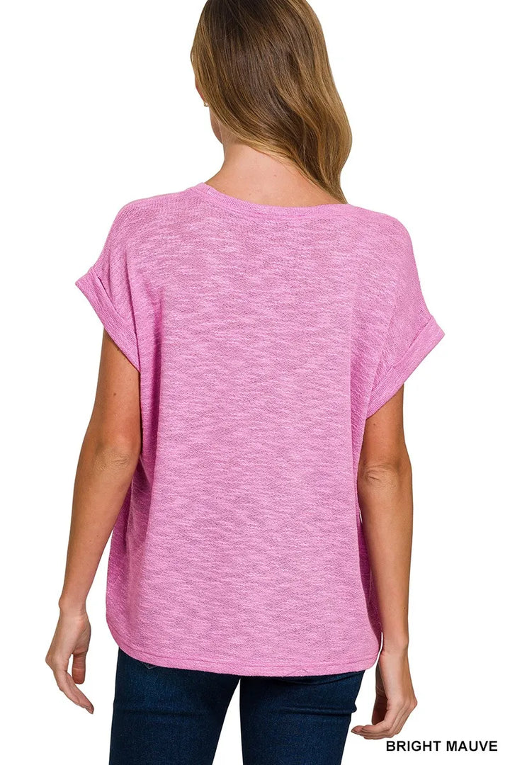 Relaxed slub knit tee with rolled cuff short sleeves