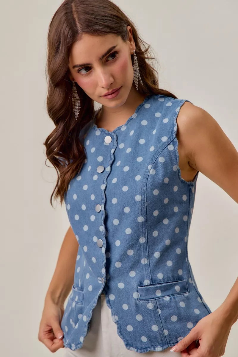 Polka dot denim button-down vest with scallop edge trim