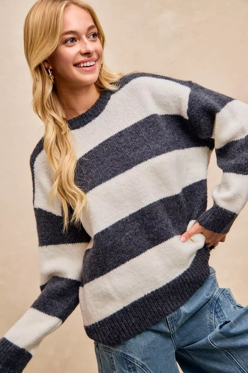 Wide stripe fuzzy knit round neck sweater