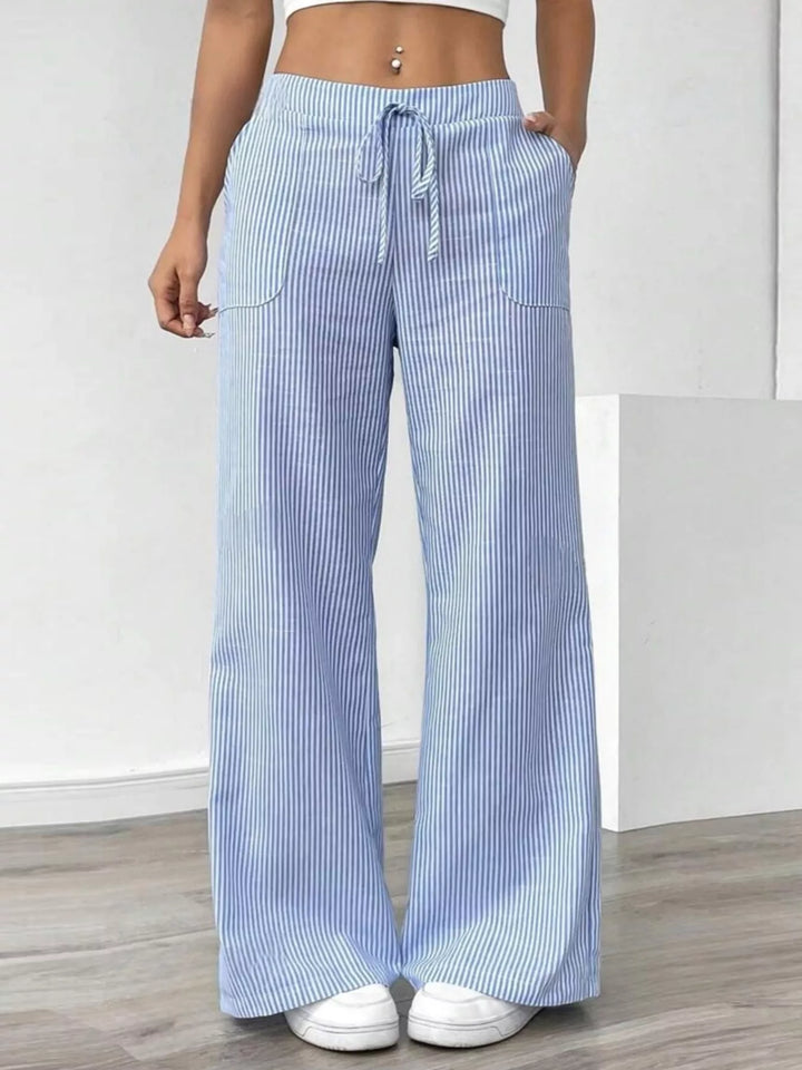 Light Blue Pinstripe wide-leg pants with drawstring waist