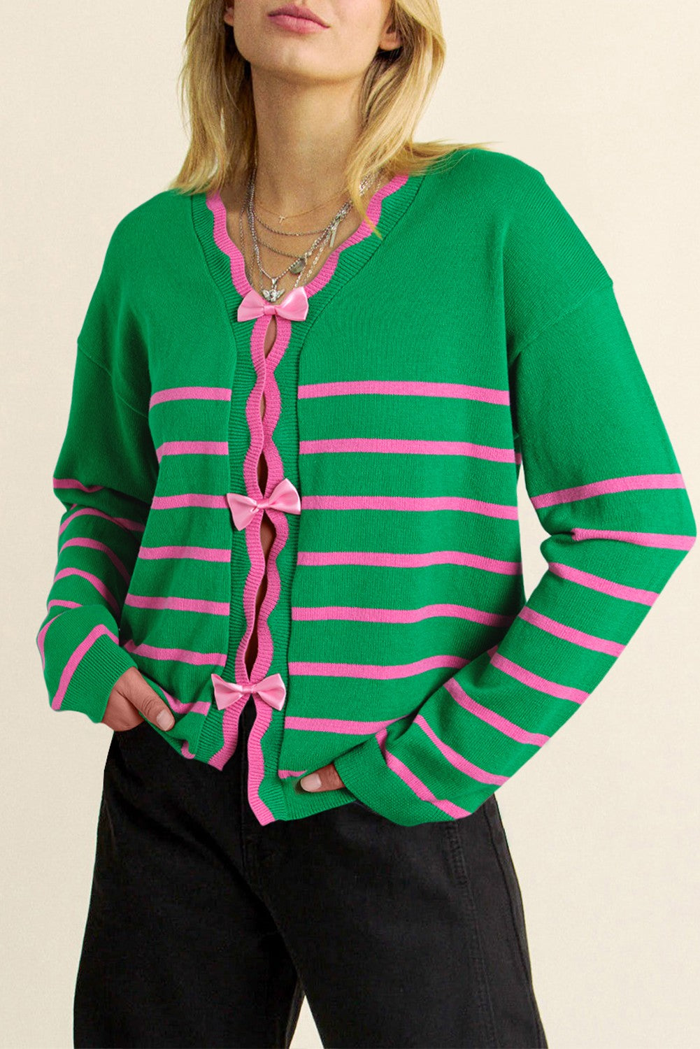 Striped knit cardigan with bow-tie ribbon front - Green