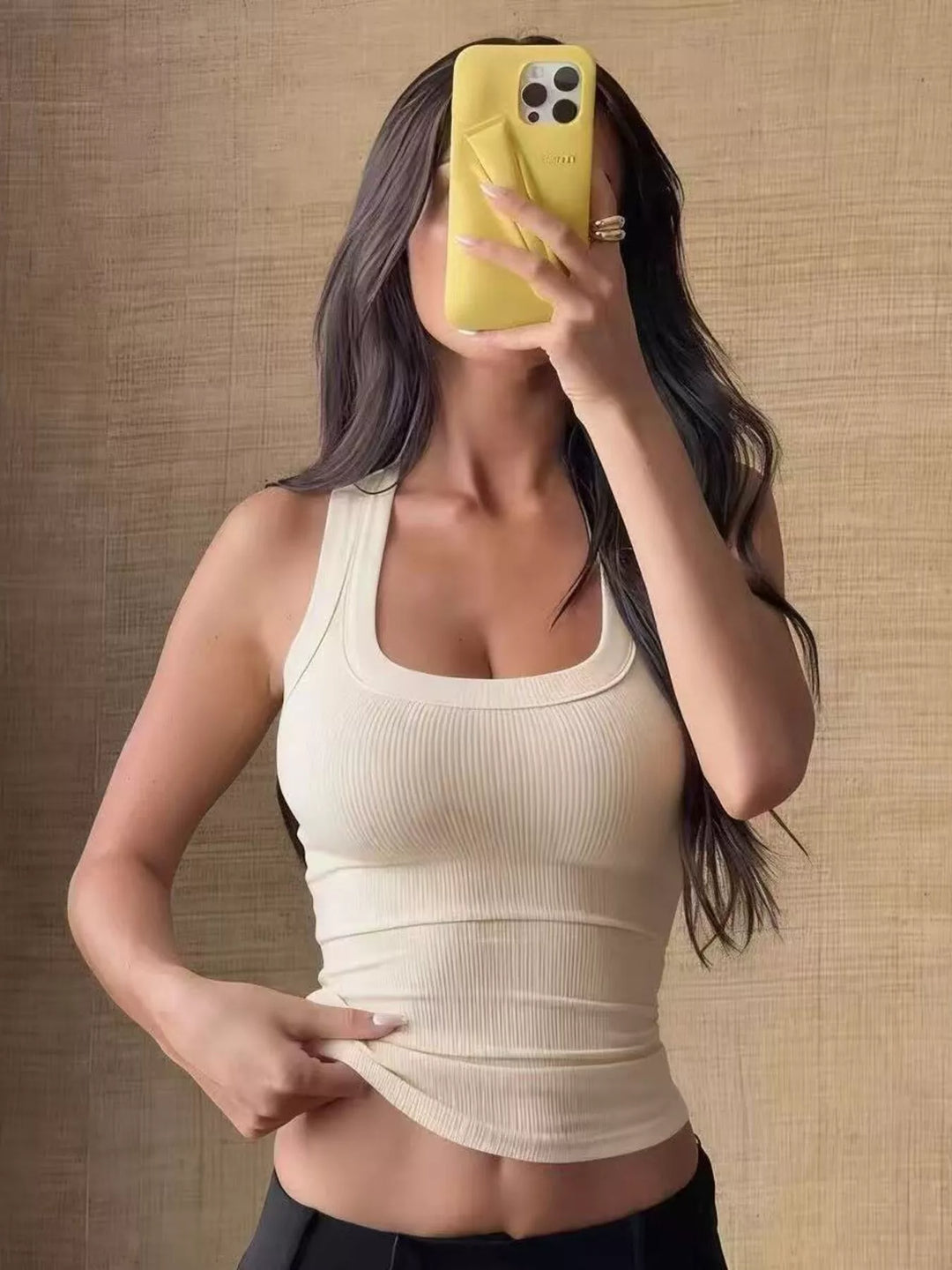 Apricot Ribbed knit cropped tank top with scoop neck