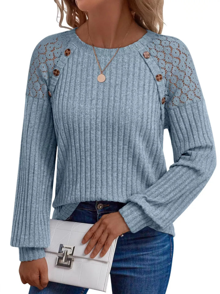 Ribbed knit long sleeve top with lace shoulder detail