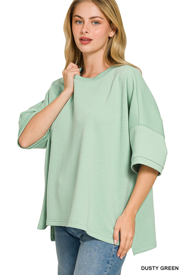 Oversized scuba round neck top with side slits