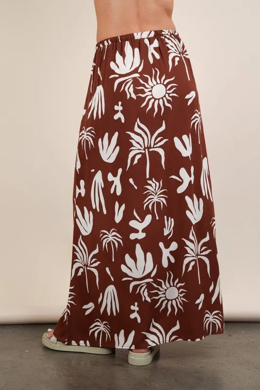 Abstract tropical print drawstring maxi skirt