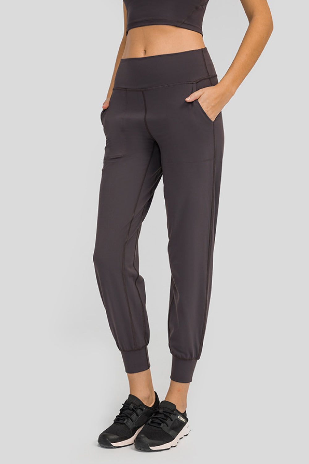 Dark Gray Wide waistband cropped joggers with pockets and ribbed cuffs