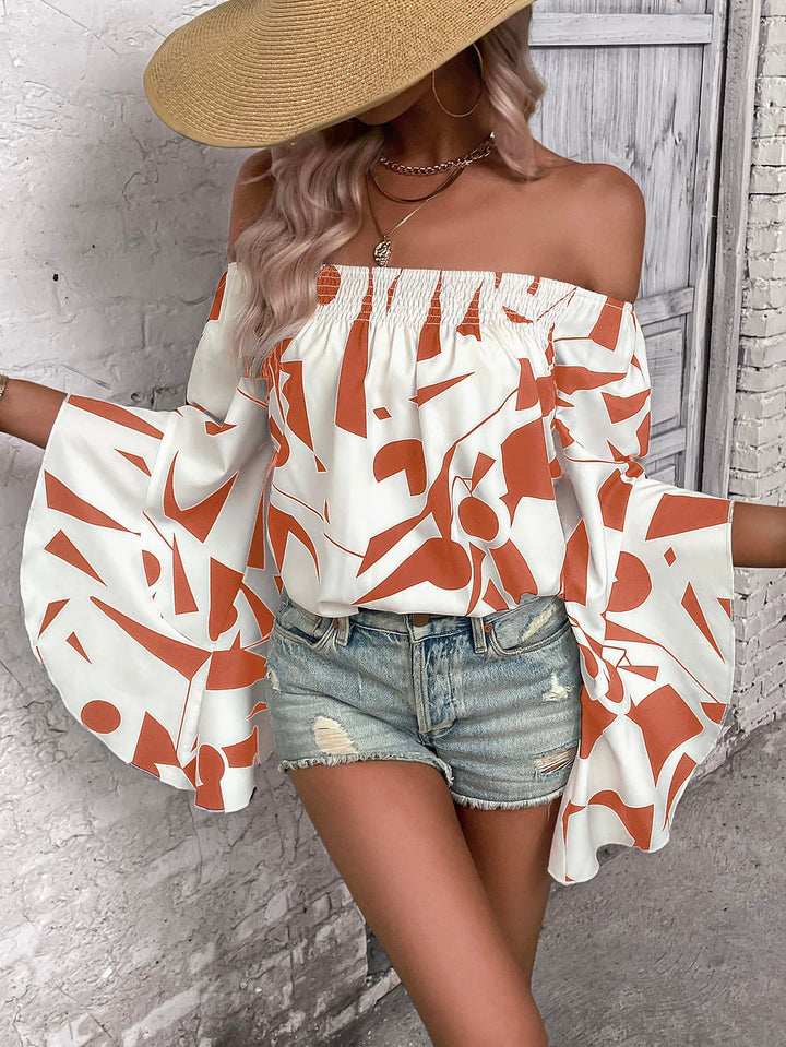 Red Orange Geometric print off-shoulder bell sleeve blouse
