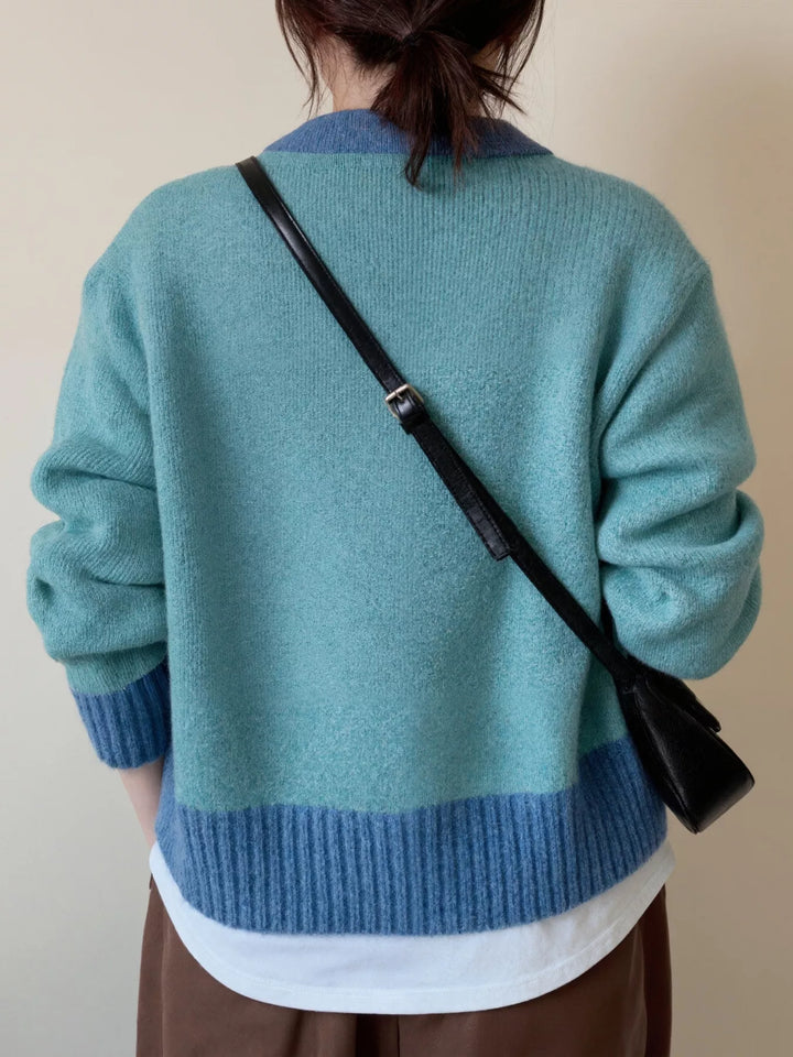 Color-block ribbed knit cardigan with gold buttons