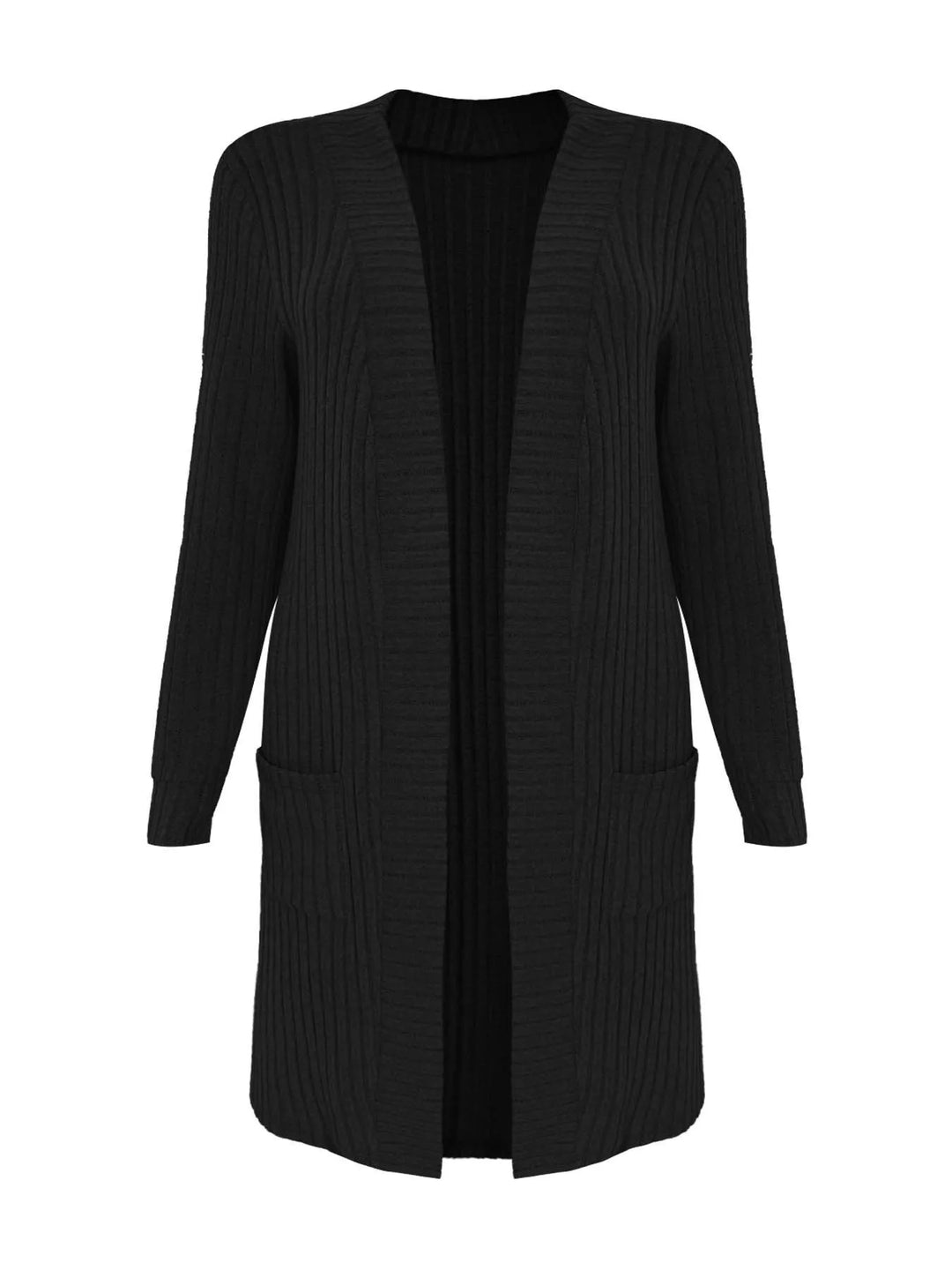 Ribbed knit open-front longline cardigan with pockets