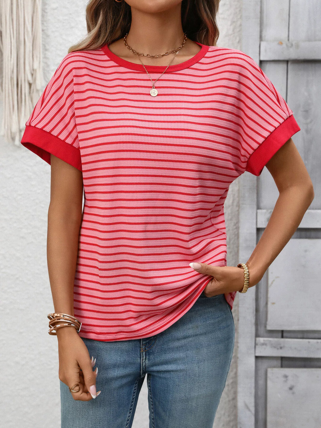 Striped short sleeve knit tee with contrast trim