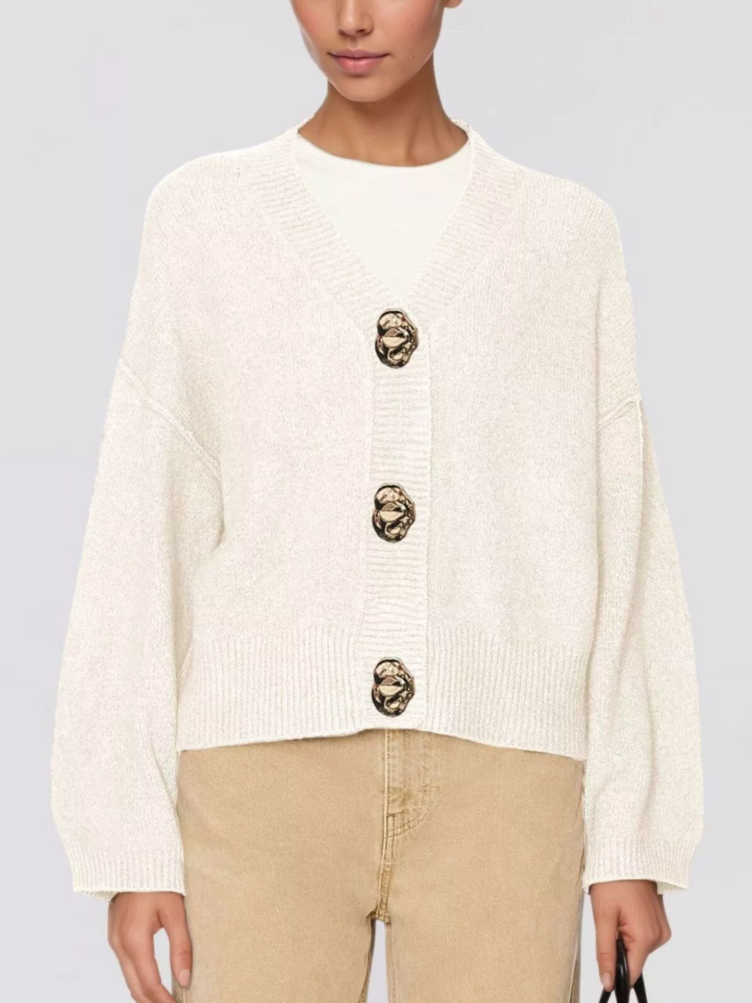 Apricot Gold button V-neck knit cardigan with drop shoulders