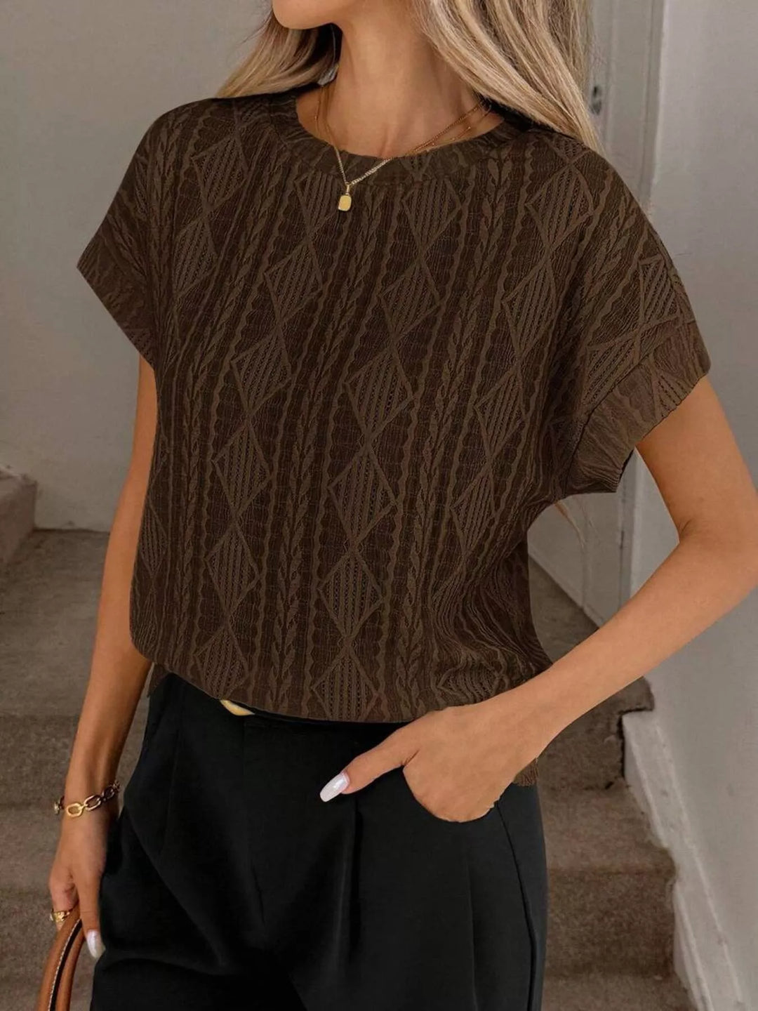 Textured diamond knit round neck top with cap sleeves