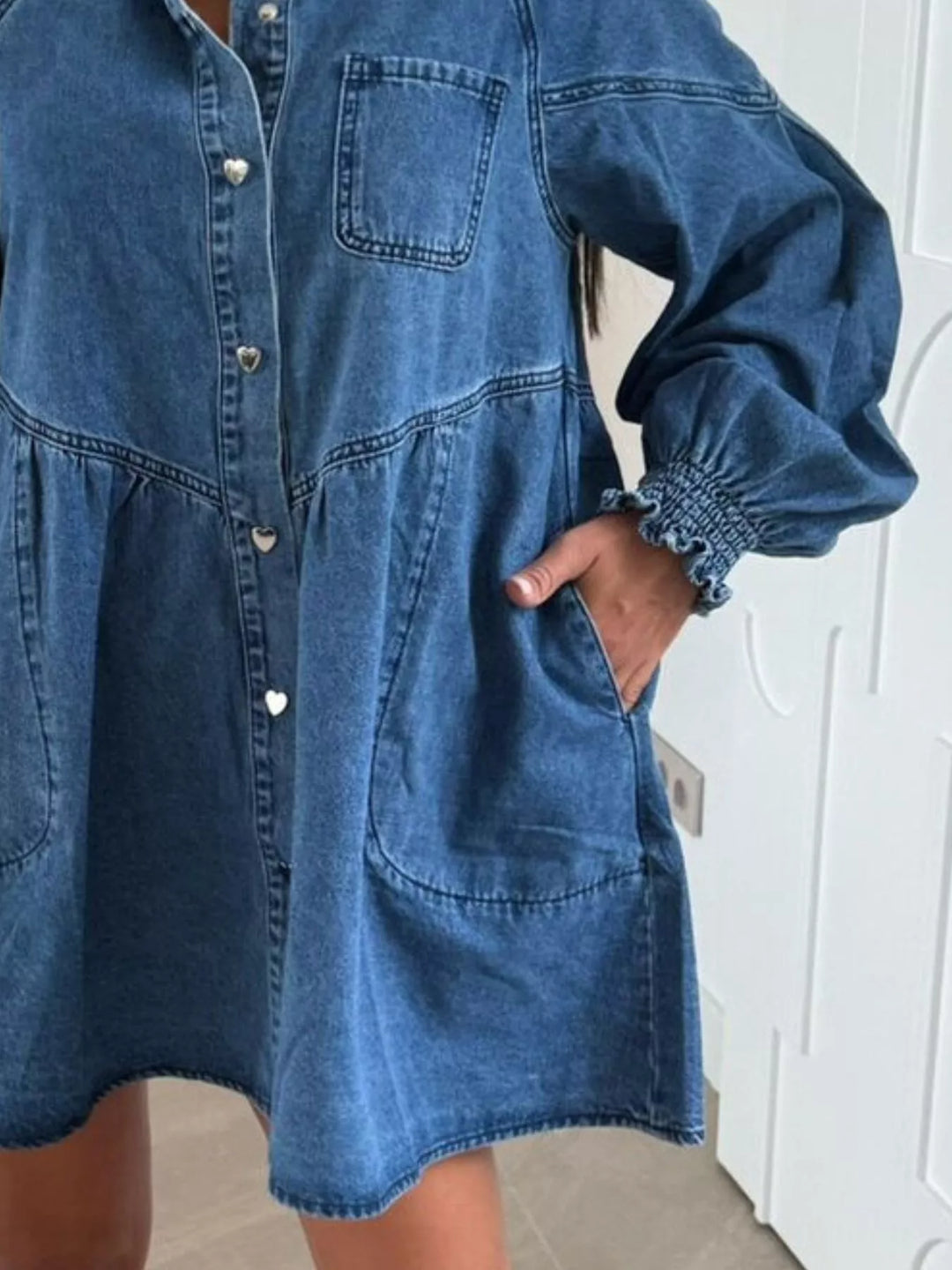 Button-down denim shirt dress with puff sleeves and pockets